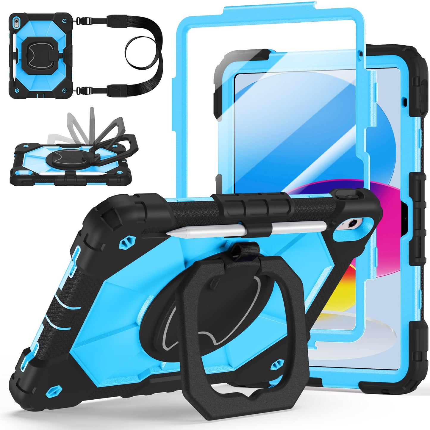 Case for iPad A16 11th Generation 11 Inch 2025, Auorld for iPad 10th Generation 10.9 inch 2022 case with Screen Protector, 360 Degree Rotating Stand Shoulder Strap Pencil Holder, Navy Pink