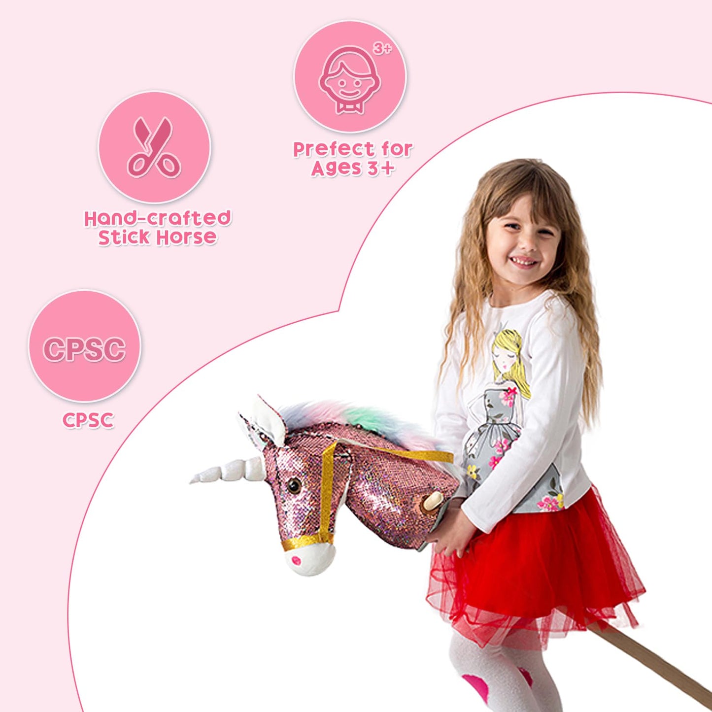 HollyHOME Plüsch Einhorn Steckenpferd mit Holzrädern Echten Pony Wiehern und Galoppieren Geräuschen Plüschtier Rosa 94 cm (AA Batterien Benötigt)