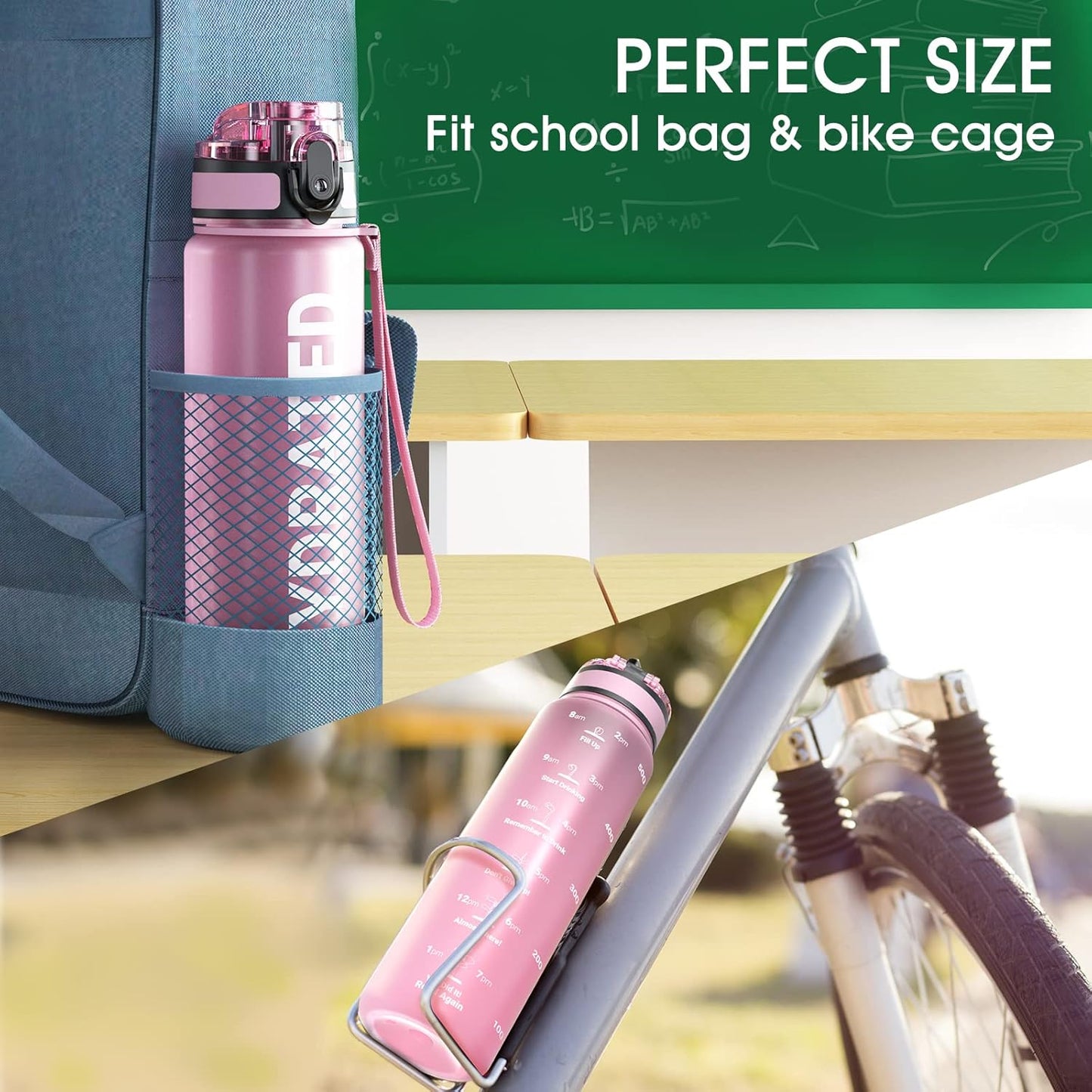 Sahara Sailor Trinkflasche, 950ml Motivations-Sportflasche mit Zeitmarkierung – Trinkzeiten – Tritan, BPA-frei, weite Öffnung auslaufsicher, Fast-Flow-Technologie mit Reinigungsbürste (1 Flasche)