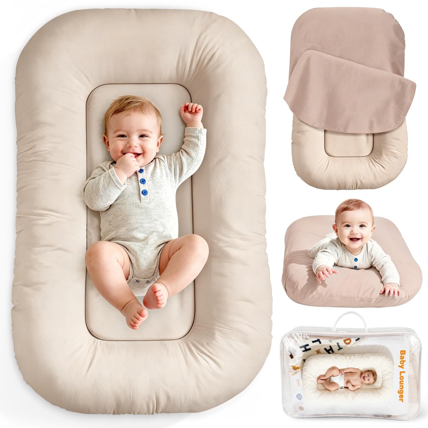 Baby Lounger & Nest for Newborn 0-24 Months, Baby Nest Supervised Breathable Cotton for Newborn, Newborn Essentials Gifts, Breathable Portable Infant Lounnger for Travel and Home(Cream White)