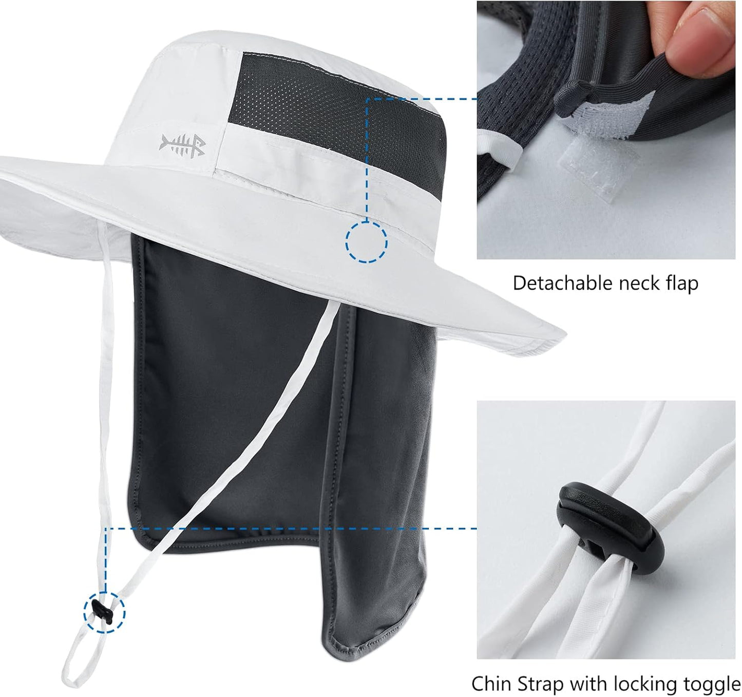 Bassdash UPF 50+ Sonnenhut zum Angeln, wasserabweisend, mit abnehmbarem Nackenschutz, große Größe