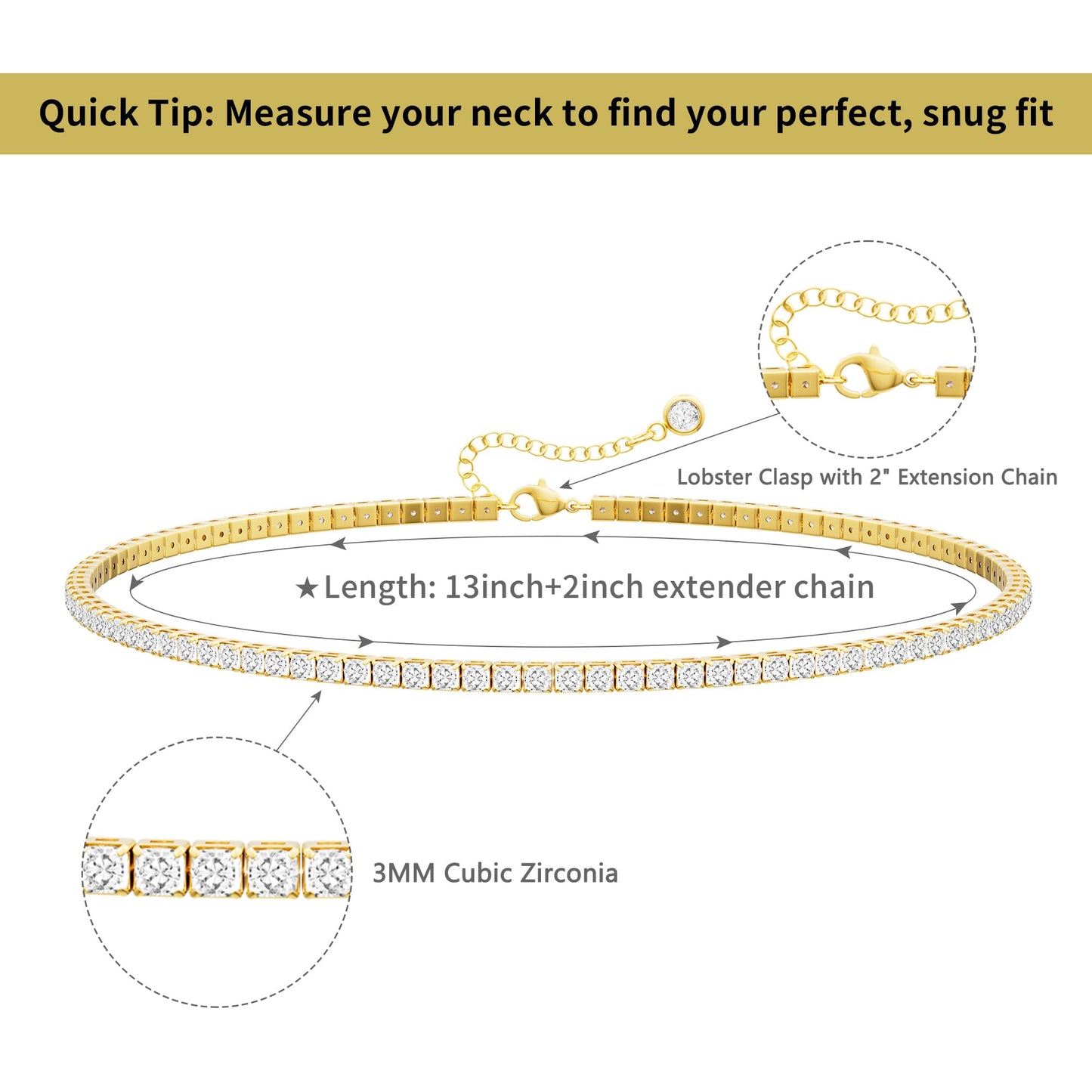 Robaice Tennis-Halskette für Damen, 14 Karat vergoldete Strass-Halskette für Frauen, zierliche Cubic Zirkonia geschliffene Kunst-Diamant-Kette 2 mm