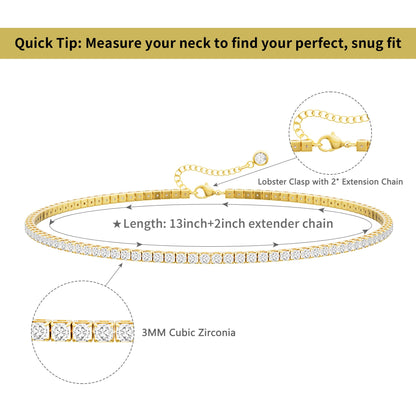 Robaice Tennis-Halskette für Damen, 14 Karat vergoldete Strass-Halskette für Frauen, zierliche Cubic Zirkonia geschliffene Kunst-Diamant-Kette 2 mm