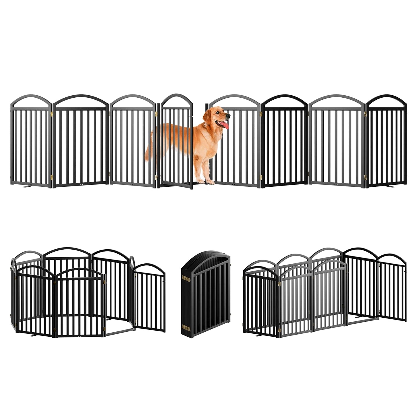 SNUOWU 4 Panels Full Matel Freestanding Dog Gates with Door, 96"Extra Wide 36"Tall Free Standing Dog Pet Gate for Indoor & Outdoor. Foldable Pet Fences for Doorways, House, Stairs, Porch, Deck, Yard