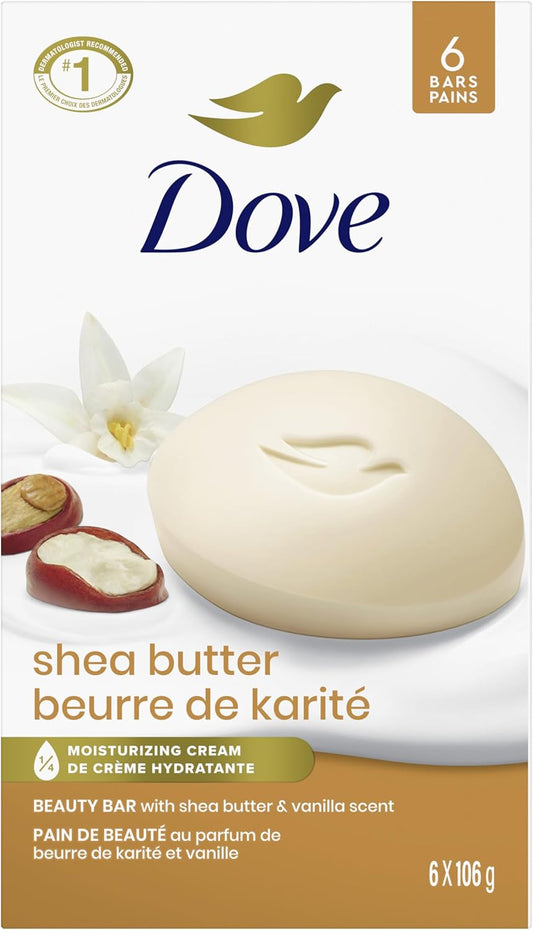 Dove Beauty Bar Soap for Nourished, Radiant Skin, Shea Butter, Enriches Skin, 106g 6 count