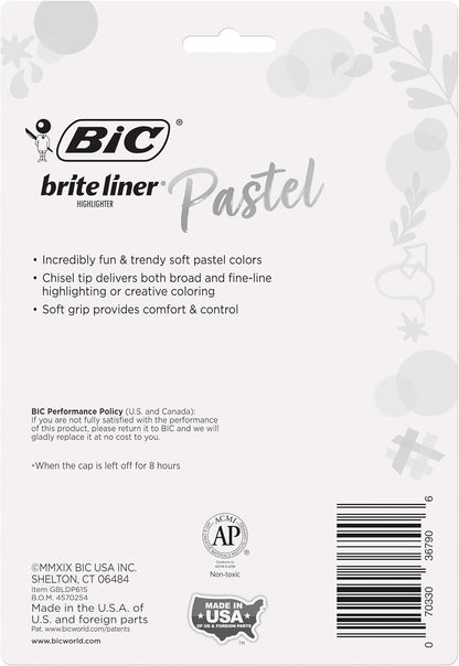 BIC Brite Liner Textmarker-Set Pastell, Keilspitze für feine und breite Linien, 6er-Pack in verschiedenen Farben