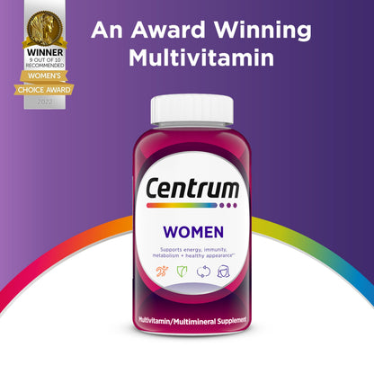 Centrum Multivitamin for Women, Multimineral Supplement with Iron, Vitamin D3, B Vitamins and Antioxidant Vitamins C and E, Gluten Free, Non-GMO Ingredients - 250 Count (Pack of 12)