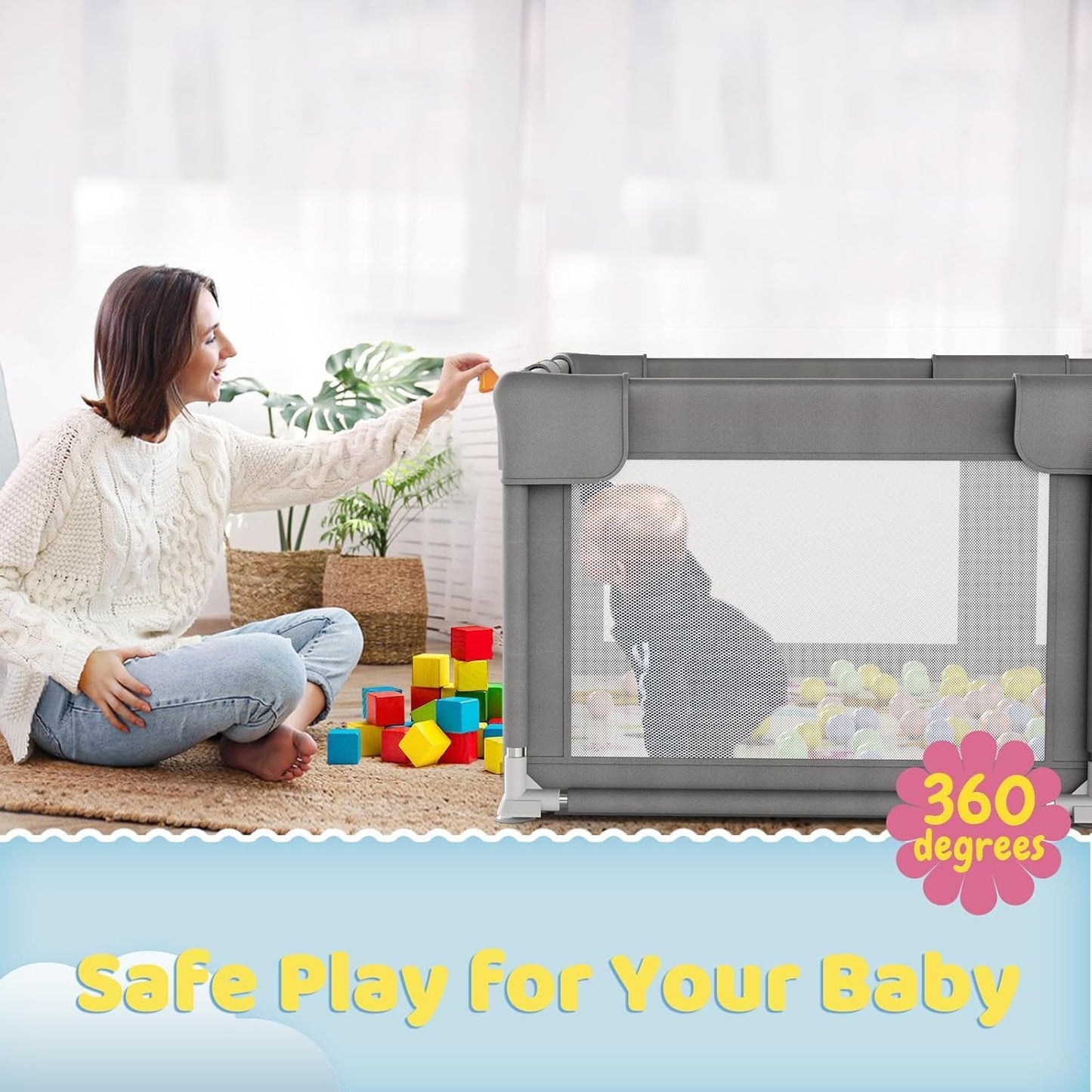 Palopalo Baby Laufgitter, 180x150cm Extra Großer Laufstall für Babys und Kleinkinder, Baby-Aktivitätszentrum mit 8 Saugnapfbasen, Baby-Laufstall mit Tür und weichem, atmungsaktivem Netz, Ohne Matte