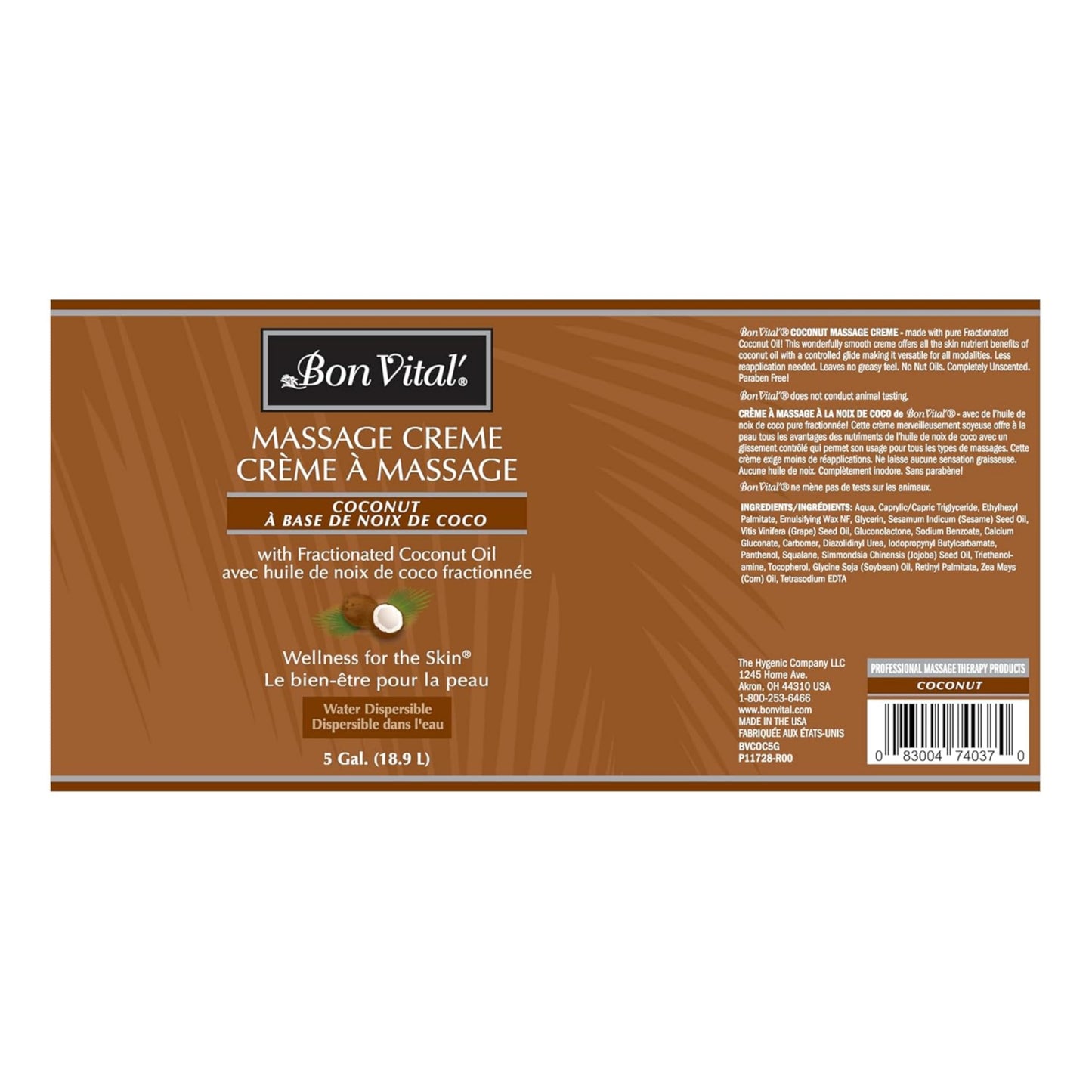 Bon Vital' Coconut Massage Creme Made with 100% Pure Fractionated Coconut Oil, Massage Cream & Moisturizer to Repair Dry Skin, No Greasy Feel, Anti-Aging Cream for Professional Massage, 5 Gallon Pail
