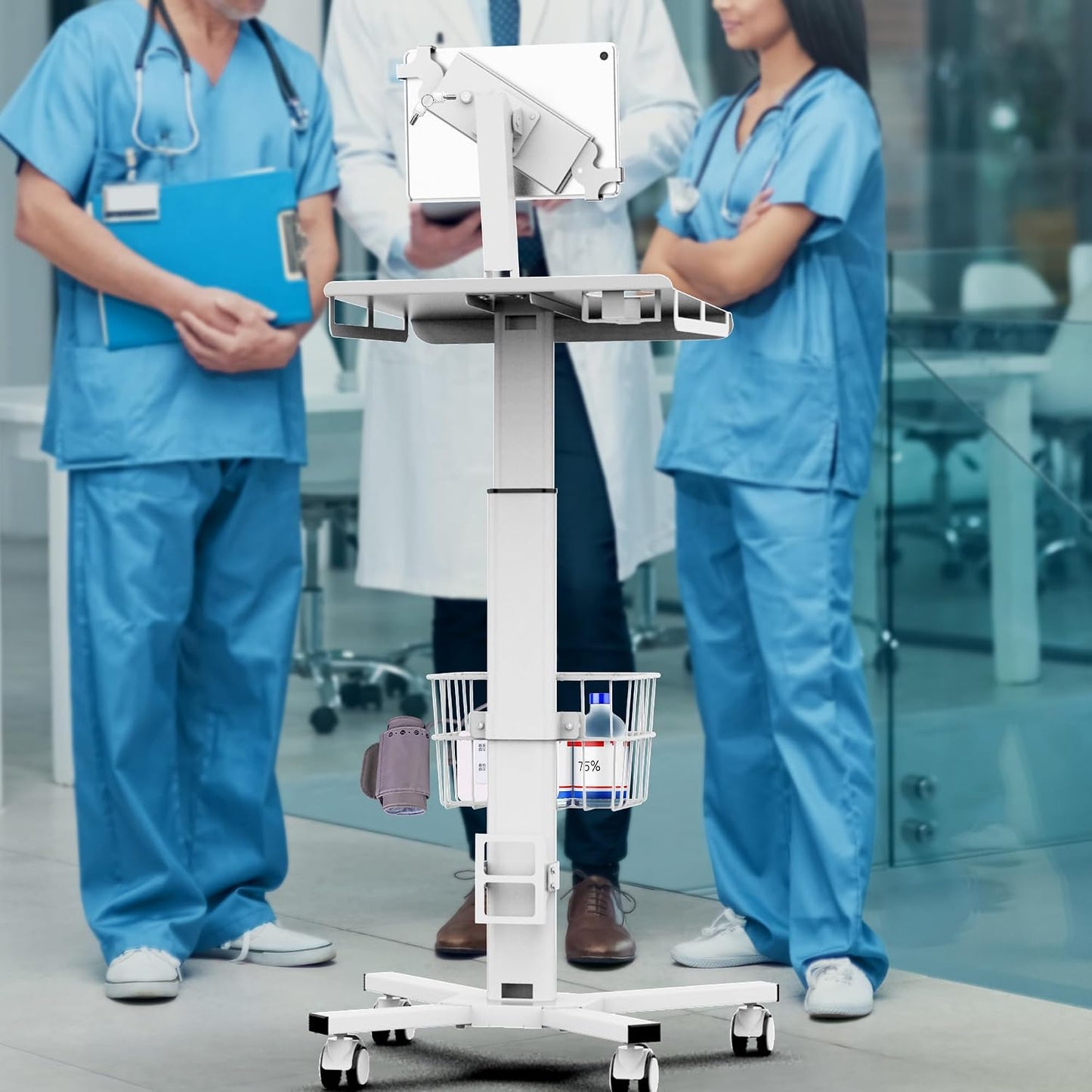 Mobile Medical Tablet Cart Compatible with 9.7-12.9” iPad, Rolling Medical Workstation, Mobile Tablet Workstation for Hospital, Clinic, Library, Restaurant, Rolling Floor Stand Cart