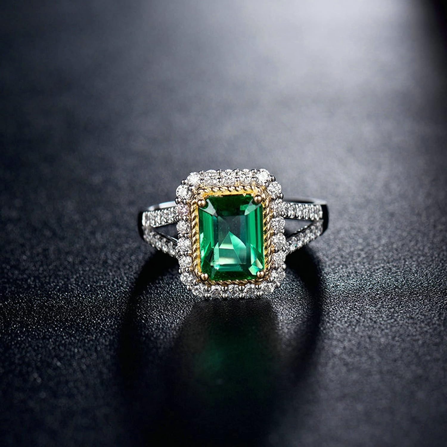 Aienid 18K Women's Wedding Ring Band White Gold 2ct Emerald Cut Emerald with 0.6ct Diamond Anniversary Ring for Girls