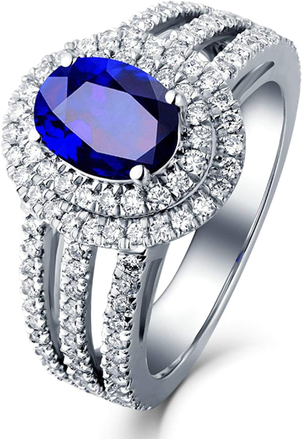 Aienid 18Ct White Gold Wedding Rings for Women 4 Claws Oval Blue Sapphire with Shinny Diamond Wedding Rings for Women