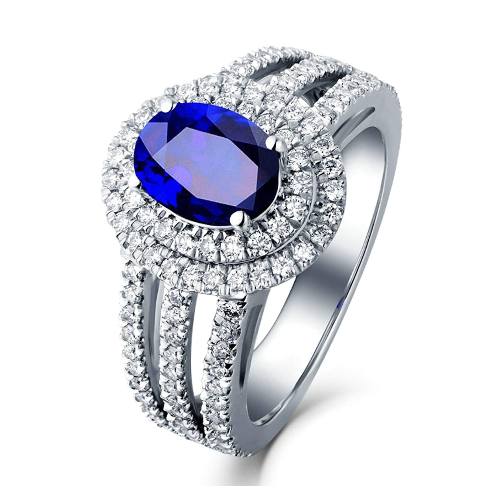 KnSam Women Ring 18K, Blue Sapphire 4 Claws Oval Sapphire with Shinny Diamond