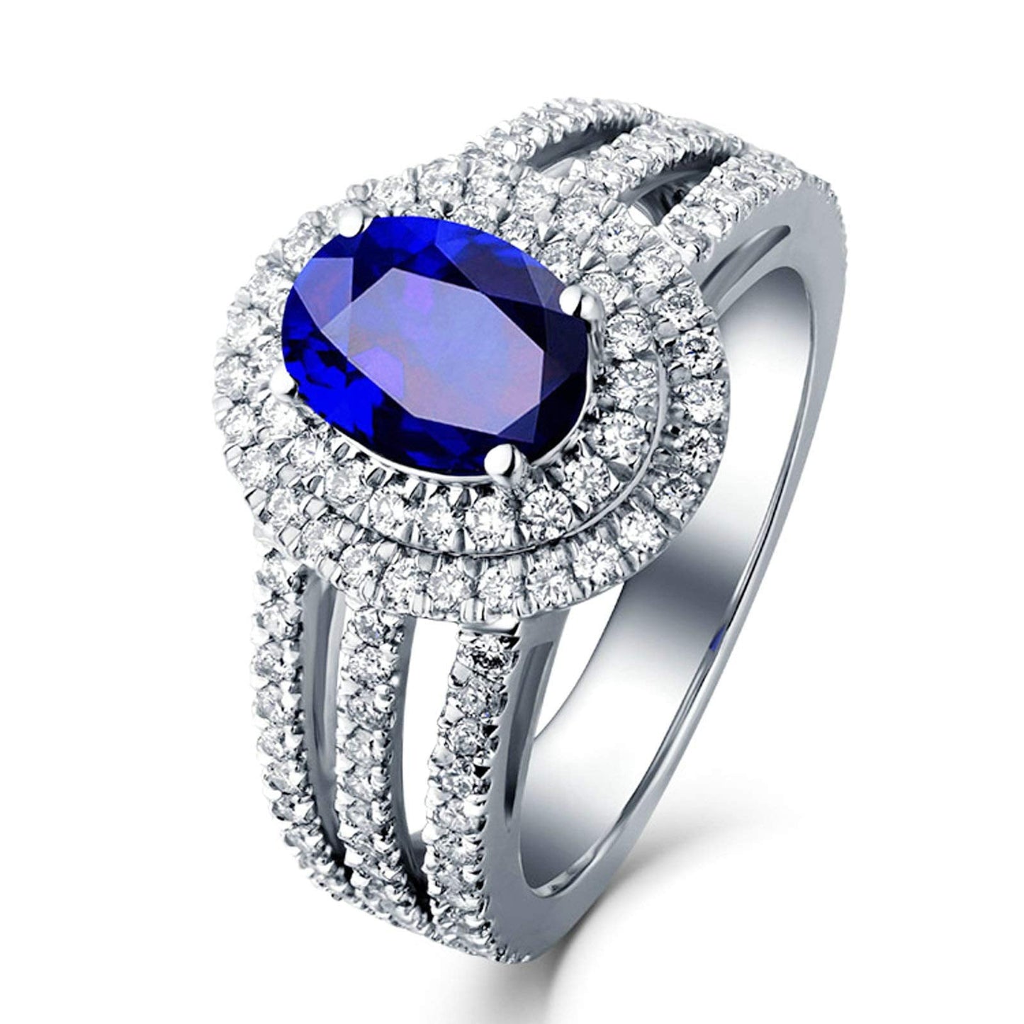 KnSam Women Ring 18K, Blue Sapphire 4 Claws Oval Sapphire with Shinny Diamond