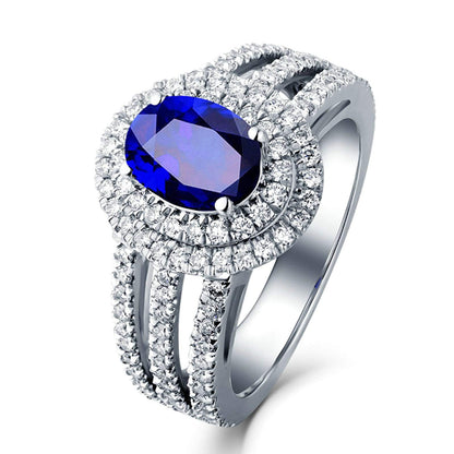 KnSam Women Ring 18K, Blue Sapphire 4 Claws Oval Sapphire with Shinny Diamond