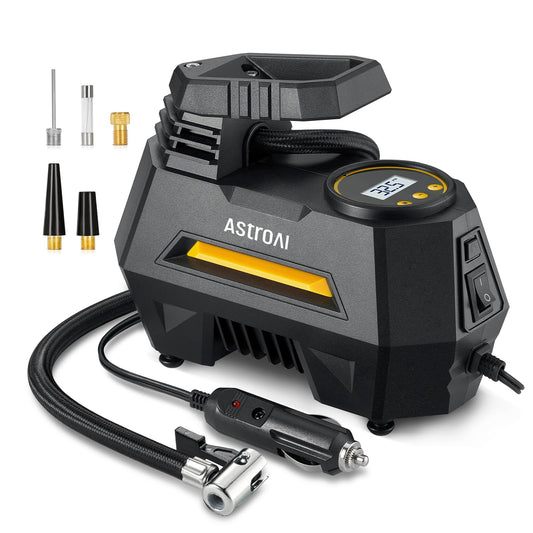 AstroAI Tire Inflator Portable Air Compressor Air Pump for Car Tires-Car Accessories, 9.8Ft Cord-12V DC-Powered Auto Pump with Digital Pressure Gauge, Emergency LED Light for Bicycle, Balloons, Yellow