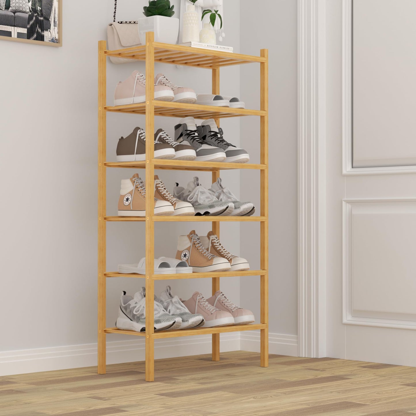 ROMGUAR CRAFT 3 Tier Bamboo Shoe Rack for Closet Free Standing Wood Shoe Shelf Storage Organizer for Entryway Small Space Stackable 27"x11"x20" (Natural)
