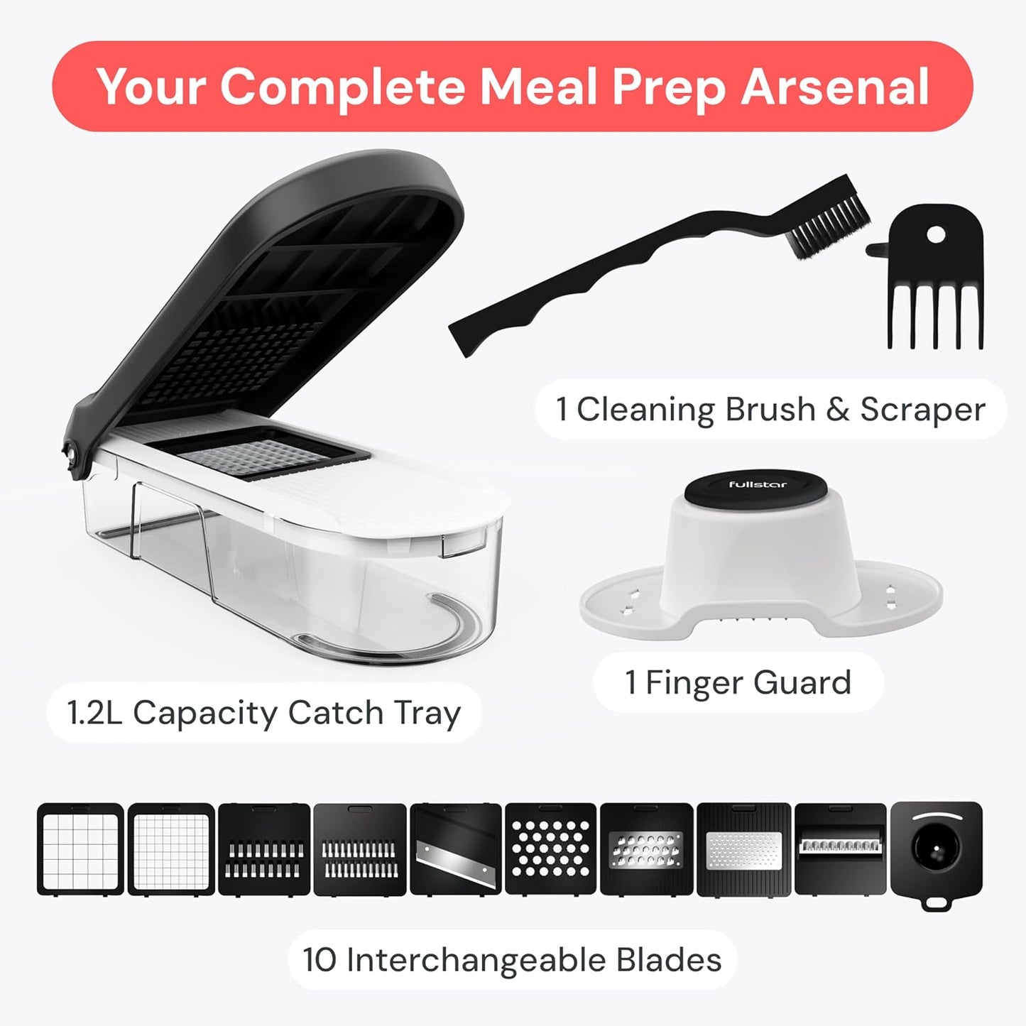 Fullstar Gemüsehacker und Mandolinenschneider - Julienne-Schneider, Würfelschneider, Reibe für Lebensmittel, Gemüse, Zwiebeln, Gurken, Tomaten, Salat, Kartoffeln, Käse - Küchenutensilien & Gadgets (Kompakt 6-in-1, Weiß)