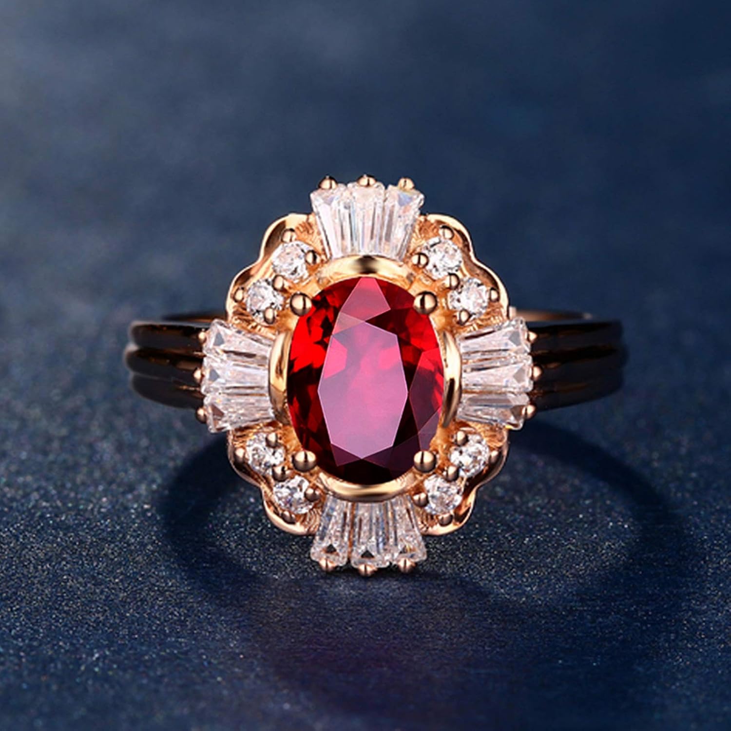 Aienid 18Ct Rose Gold Womens Ring Custom Oval Ruby Flower Shape with Diamond Wedding Rings for Women