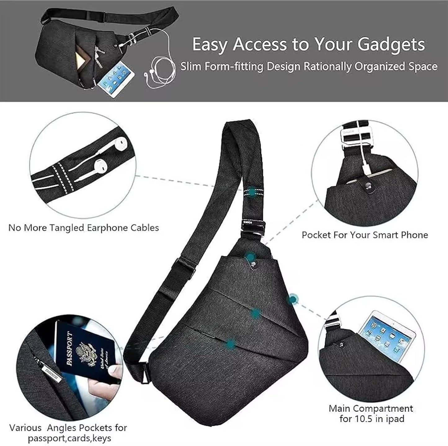 Wasserdichter Anti-Diebstahl Schulter Rucksack Sling Brust Crossbody Bag Abdeckpack Rucksack Fahrrad Sport (B13-007 Schwarz-linke Hand)