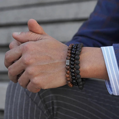 Tigerauge Armband für Herren 8MM Natursteinperlen Armband Set Stretch Lava Stein Armbänder Verstellbares Schwarzes Kristallperlenarmband für Herren Damen Geschenke
