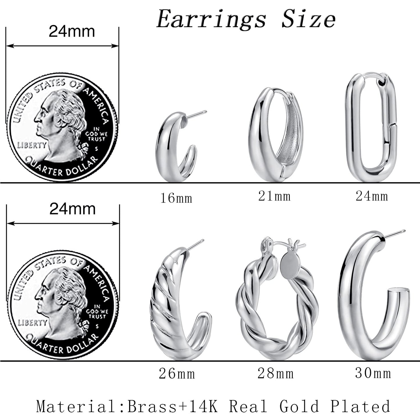 Creolen Set für Damen, 6 Paar 14K Vergoldet Leicht Hypoallergen Dick Offen Gedreht Creolen Ohrringe Pack Schmuck