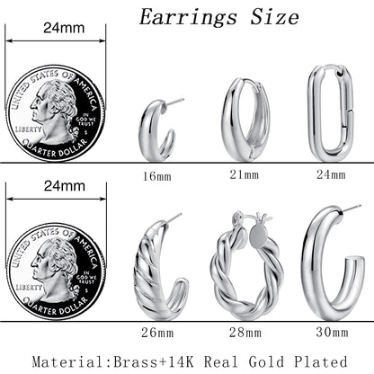Creolen Set für Damen, 6 Paar 14K Vergoldet Leicht Hypoallergen Dick Offen Gedreht Creolen Ohrringe Pack Schmuck
