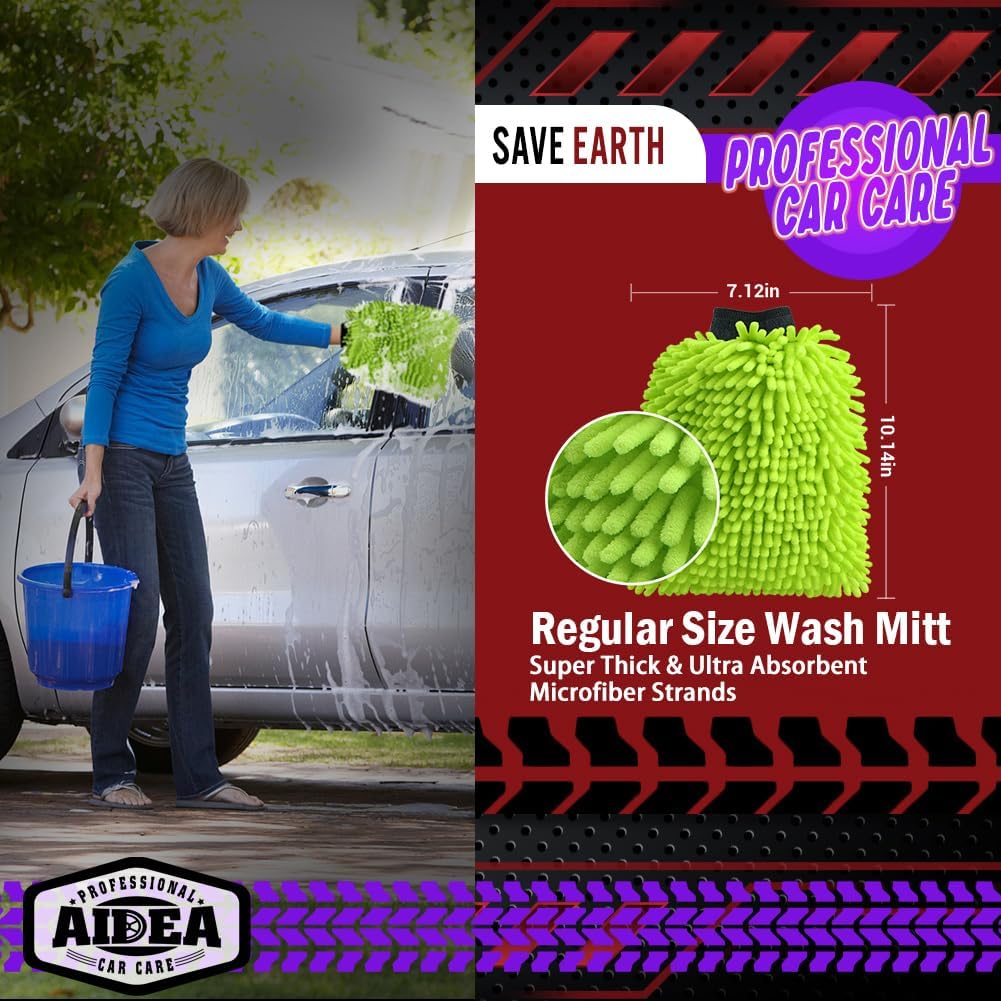 AIDEA Auto Waschhandschuh Mikrofaser, 2er Pack Kratzfrei Fusselfrei, Premium Chenille Mikrofaser Waschhandschuh Auto Waschbürste, Grün, Reguläre Größe 18,08 cm x 25,76 cm