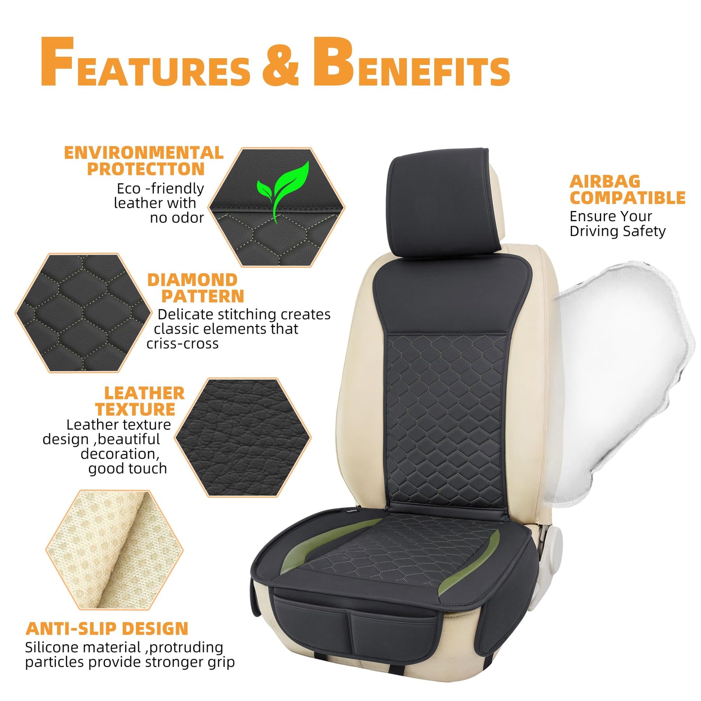 Elantrip 2PCs Front Car Seat Covers Leather Water Proof Seat Protector Universal fit for Most Cars SUVs and Trucks Black
