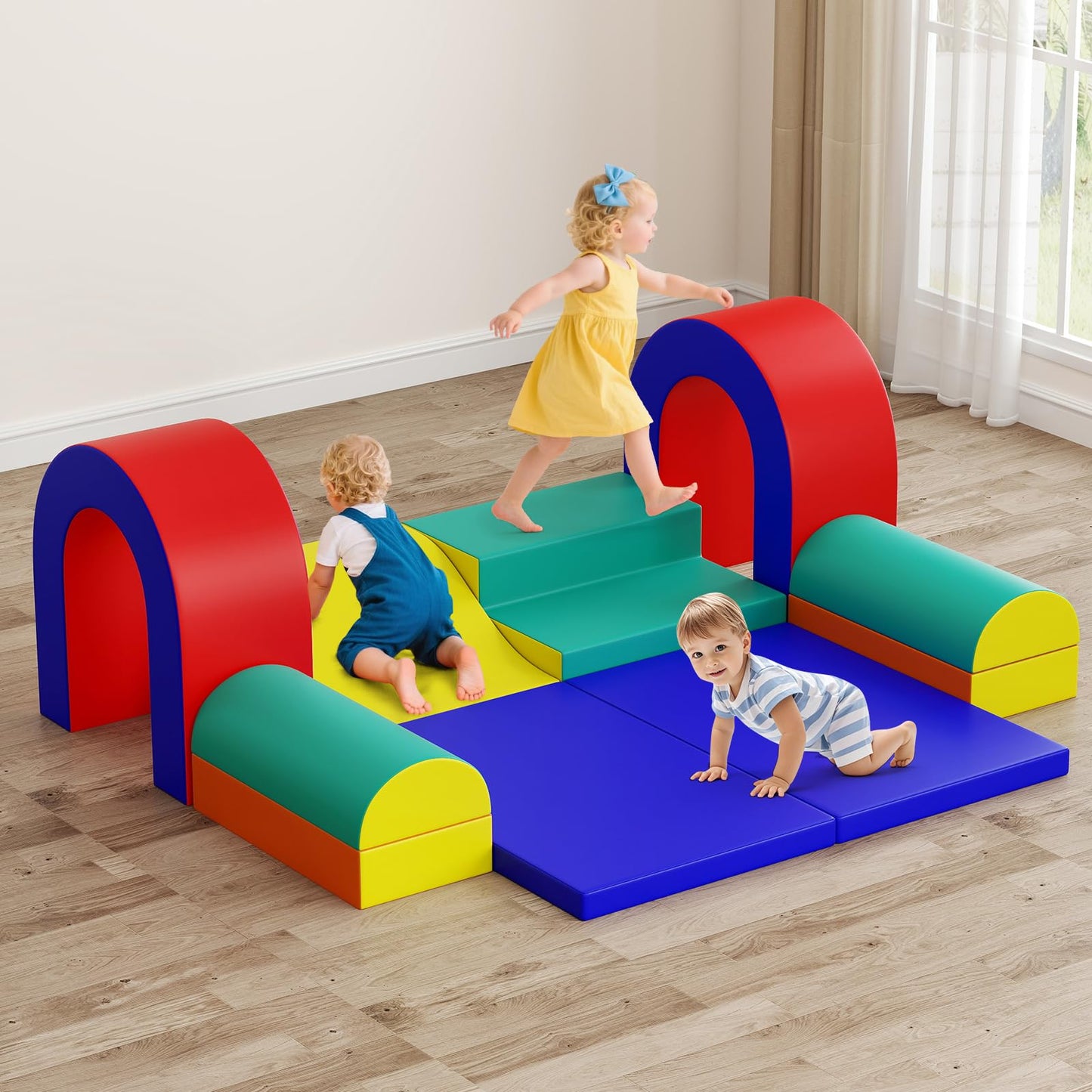Olakids Toddler Climbing Toys Indoor, 10 Pieces Baby Foam Blocks Soft Play Set with PU Leather, Kids Climb Crawling Activity Gym Playground for 1+ Years (Brown)