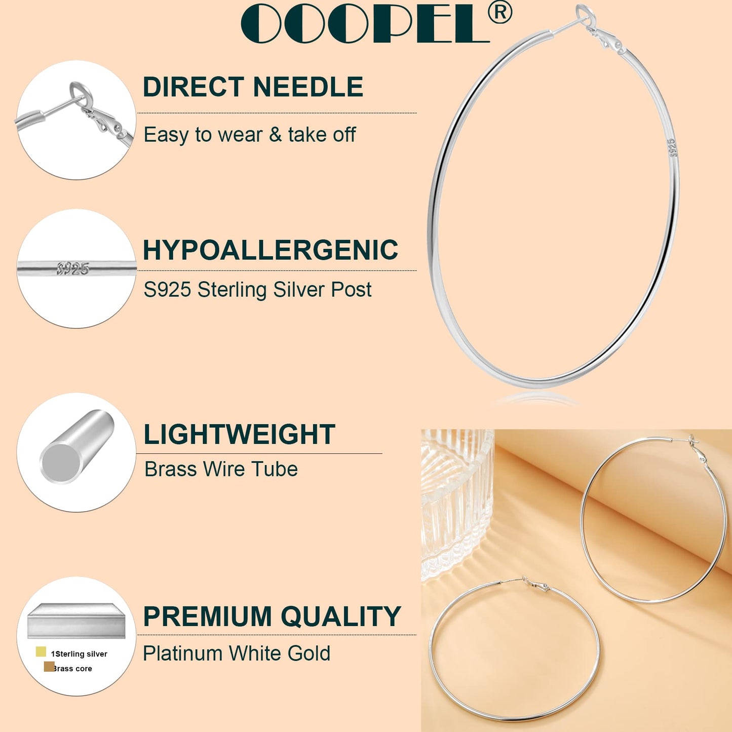 Große Gold Creolen für Frauen, Hypoallergene Dünne Gold Creolen, Sterling Silber Creolen für Damen, Extra Große, Mittelgroße, Große Creolen