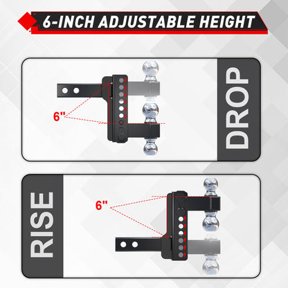 TYT Adjustable Truck Trailer Hitch for 2 inch Receiver, 6" Drop/Rise Tow Hitch with Dual Balls (2" & 2-5/16"), Compatible with Heavy-Duty Trailer Systems up to 20,000 lbs, Includes Hitch Tightener