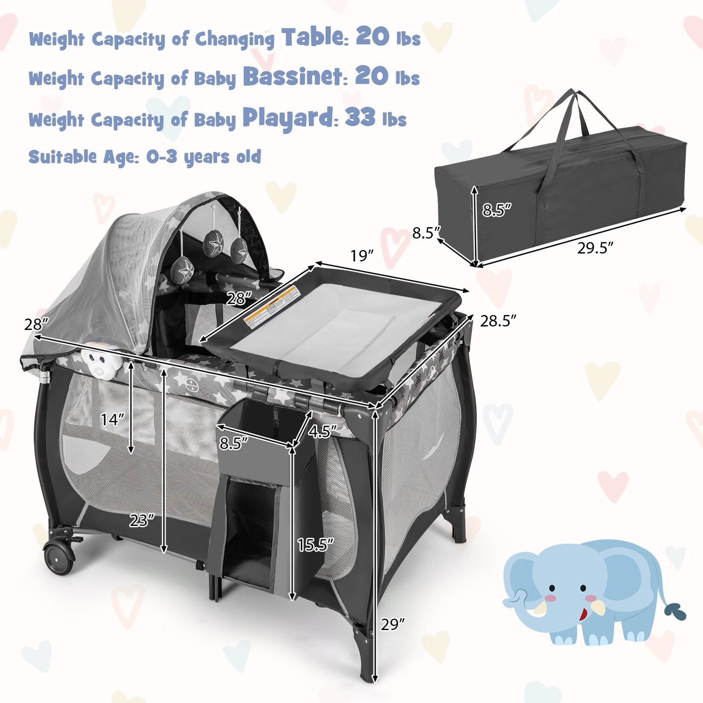 BABY JOY 4 in 1 Pack and Play with Canopy, Portable Baby Playard with Bassinet, Double-Layer Baby Crib, Wheels & Brake, Foldable Baby Girl Pink Bassinet from Newborn to Toddler