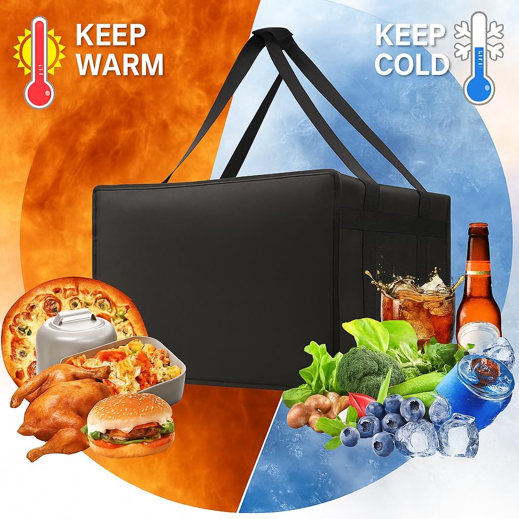 Bodaon Isolierte Essensliefertasche - Warm- & Kalthaltetransporttasche, Catering/Doordash Pizzawärmer, Einkaufstasche, Kühltasche für Partys (Schwarz-Rot, 1 St.), Ideal für den Transport warmer Speisen