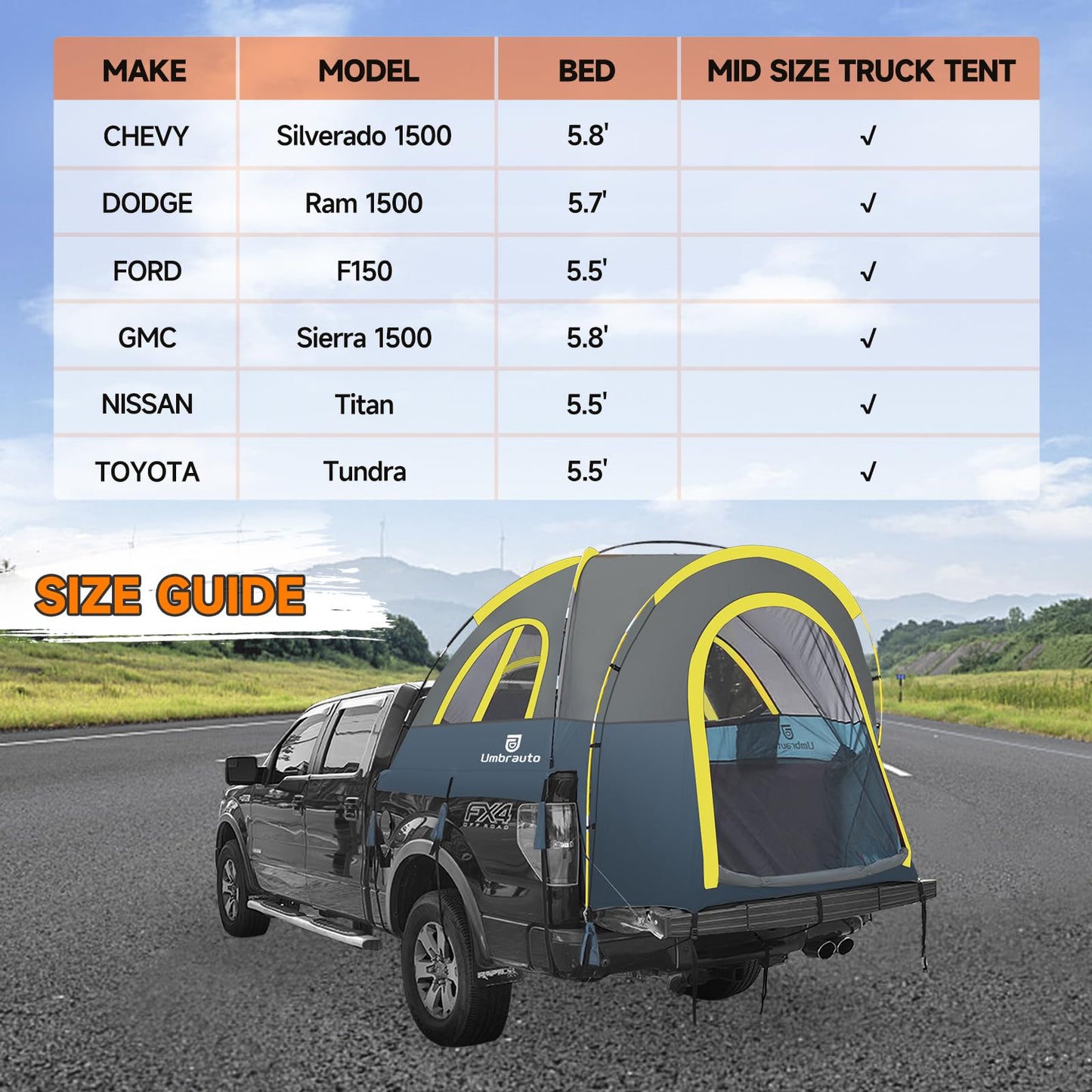 Truck Bed Tent 5.5-6ft: Easy Set Up Umburato Pickup Truck Tents for Camping, Waterproof PU3000mm Canopy for Truck Camper, Portable, Spacious for 2 Person Green