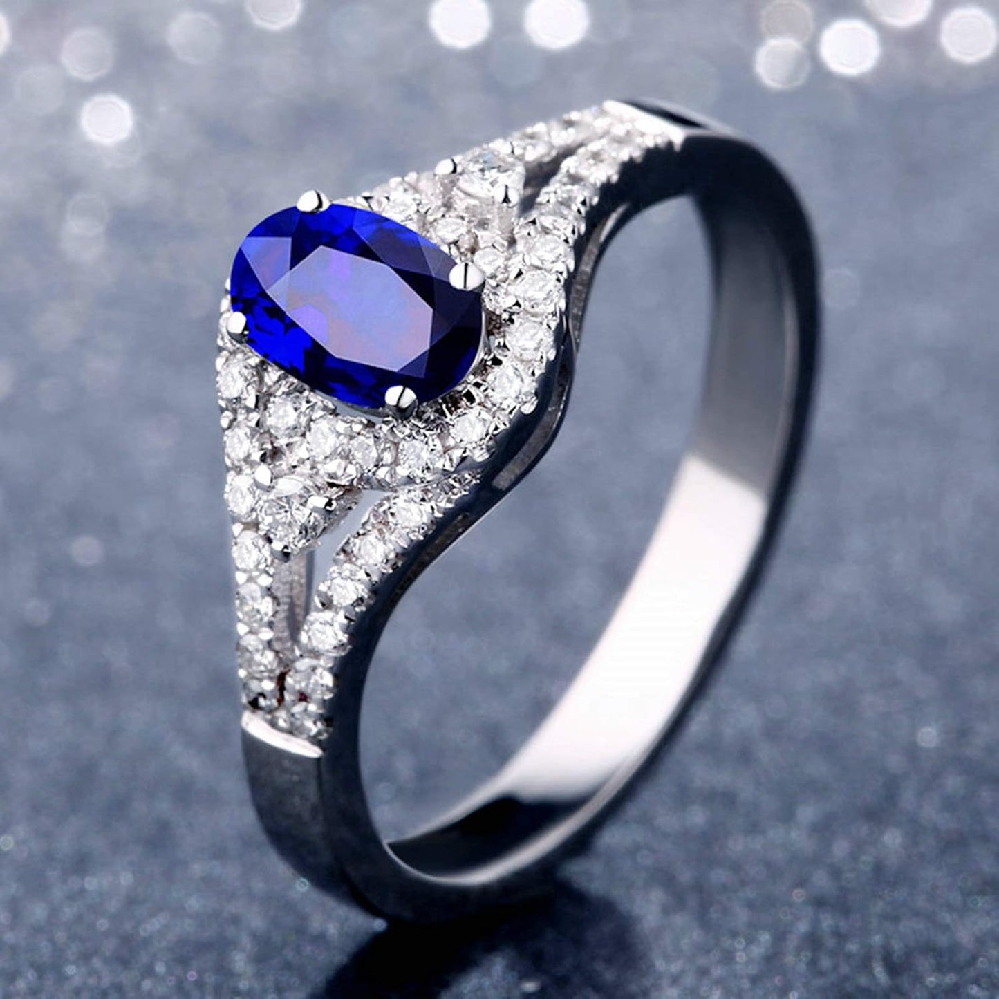 Aienid 18Ct White Gold Womens Ring Custom 0.51Ct Oval Blue Sapphire with White Diamond Wedding Rings for Women