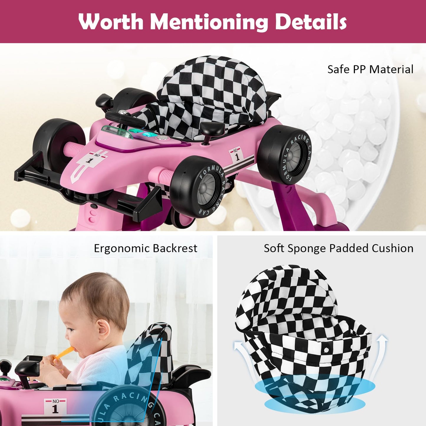 HONEY JOY 4-in-1 Baby Walker, Activity Push Walker w/3 Adjustable Heights, Smooth Wheels w/Adjustable Speed, Padded Seat, Music & Light, Foldable Car Walker for Baby Boys Girls Age 6 Months+ (Blue)