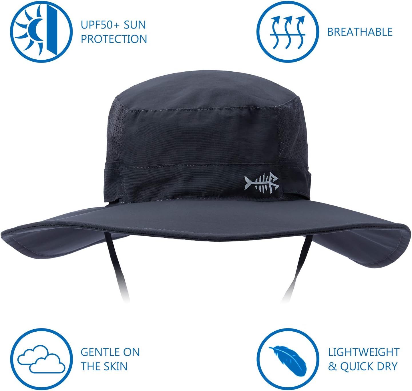 Bassdash UPF 50+ Sonnenhut zum Angeln, wasserabweisend, mit abnehmbarem Nackenschutz, große Größe
