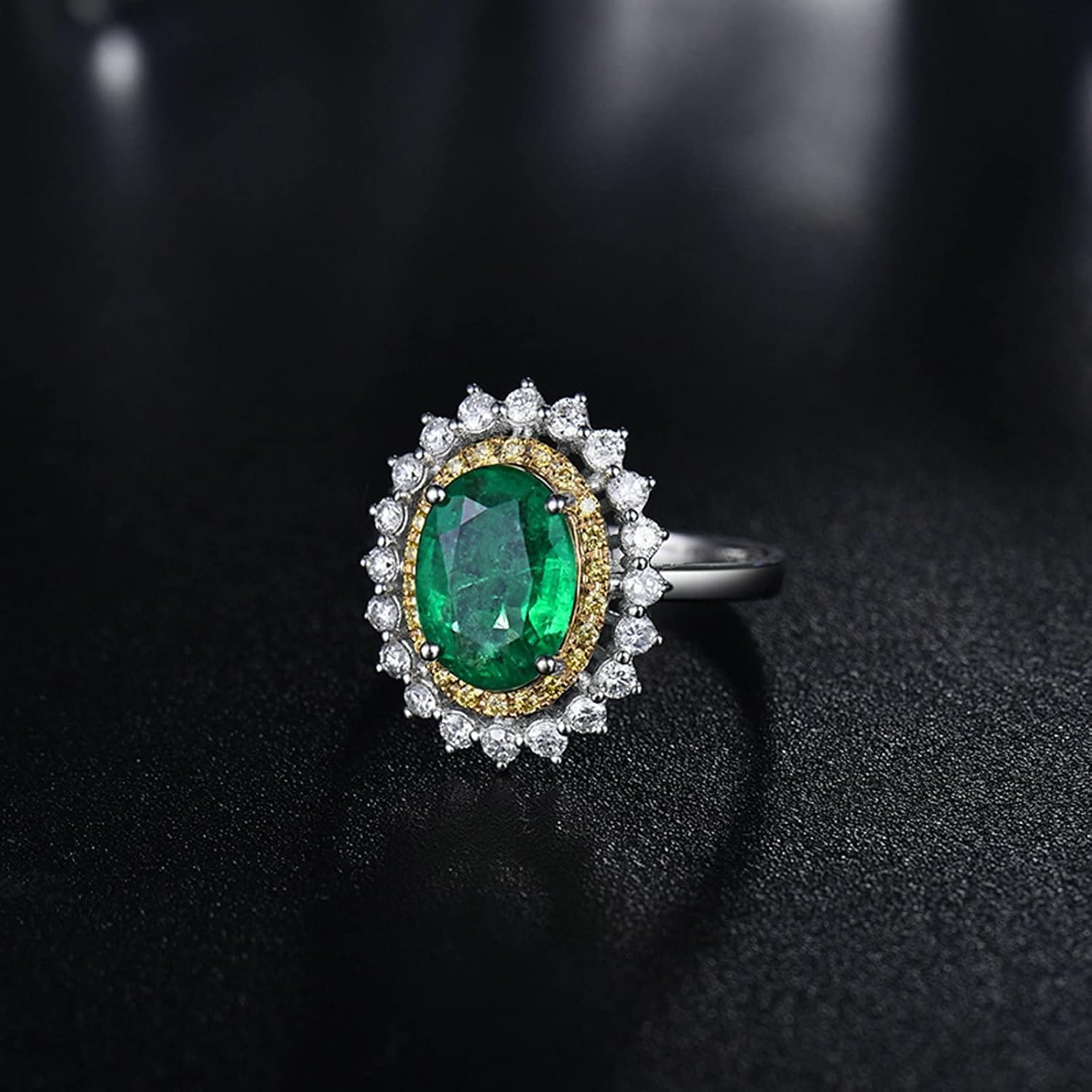 18K White Gold Ring 1.93ct Oval Shape Emerald with 0.81ct Diamond Anniversary Ring for Girls
