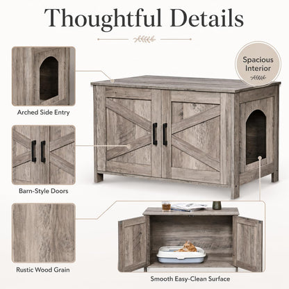Homhedy Cat Litter Box Enclosure, Wooden Cat Washroom Furniture with Barn Door, Pet House, Fit Most of Litter Box, White