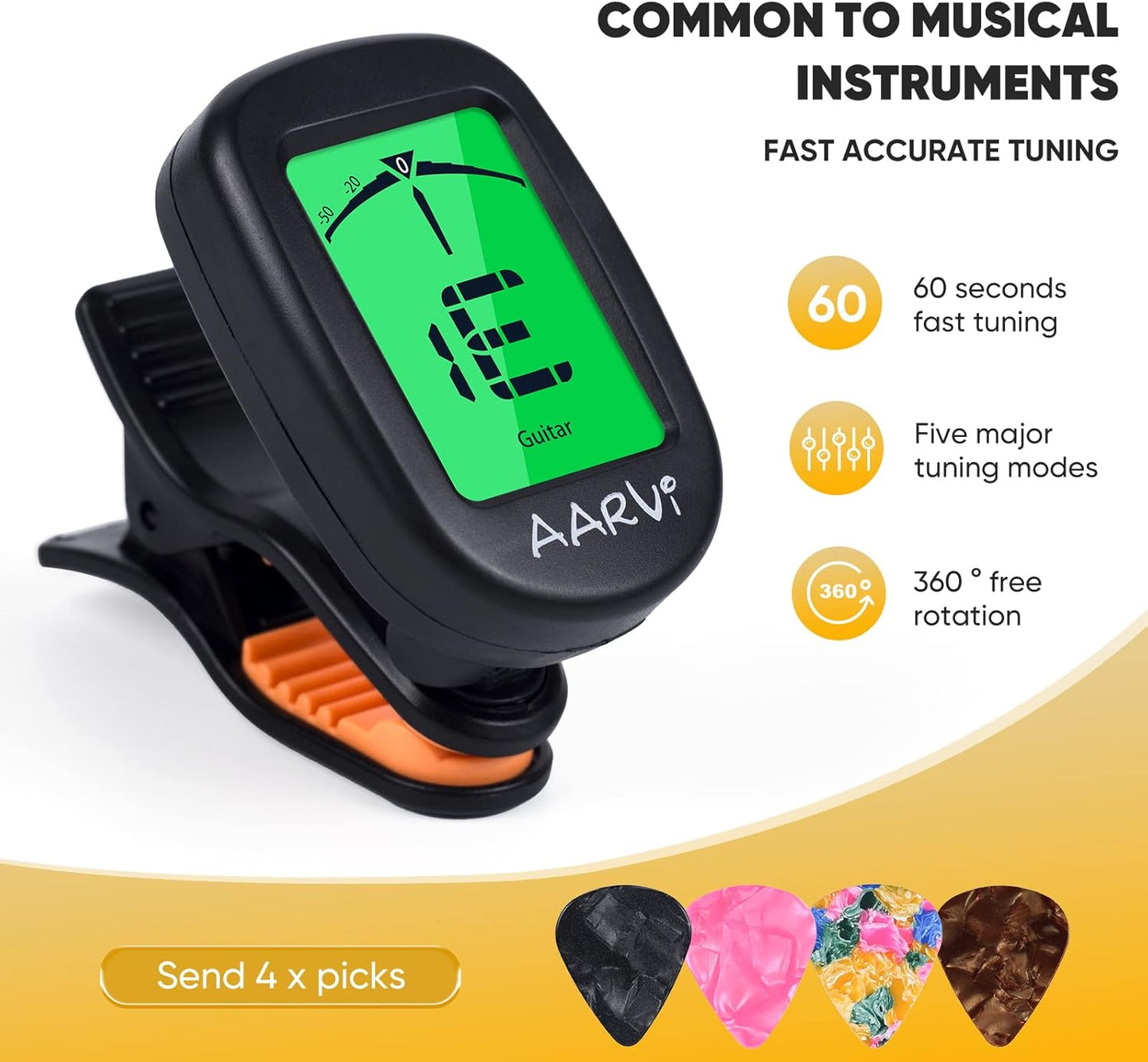 AARVI Clip-On Gitarrenstimmgerät für alle Instrumente, Akustik-/E-Gitarre, Ukulele, Bass, Violine, Banjo, großes, klares LCD-Display zum Stimmen der Gitarre, chromatisches Stimmgerät, 4 Gitarrenplektren inklusive