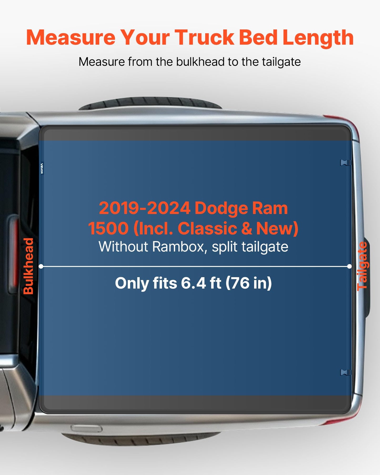 VEVOR Weiche aufrollbare Ladeflächenabdeckung, kompatibel mit 2019–2024 Dodge Ram 1500 Classic, 2003–2025 Ram 2500 3500, passend für 1,95 m (6 Fuß 4 Zoll/76 Zoll) Ladefläche, PVC-Abdeckung mit Aluminiumlegierungsstangen
