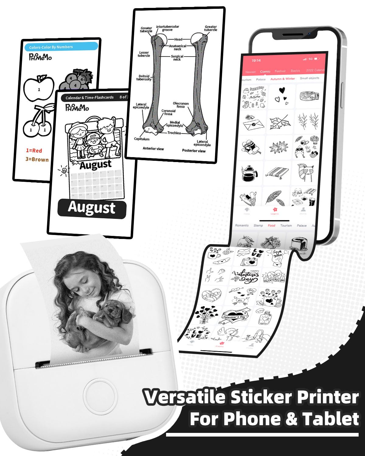 Memoking Mini-Drucker - T02 Aufkleberdrucker, Druckkapsel, tragbarer thermischer tintenloser Aufkleberhersteller, Bluetooth-Taschen-Minifotodrucker, Sofortdruck, Smart AI APP, für Studentenstudiennotizen, Tagebuch, Heimwerker, Geschenk