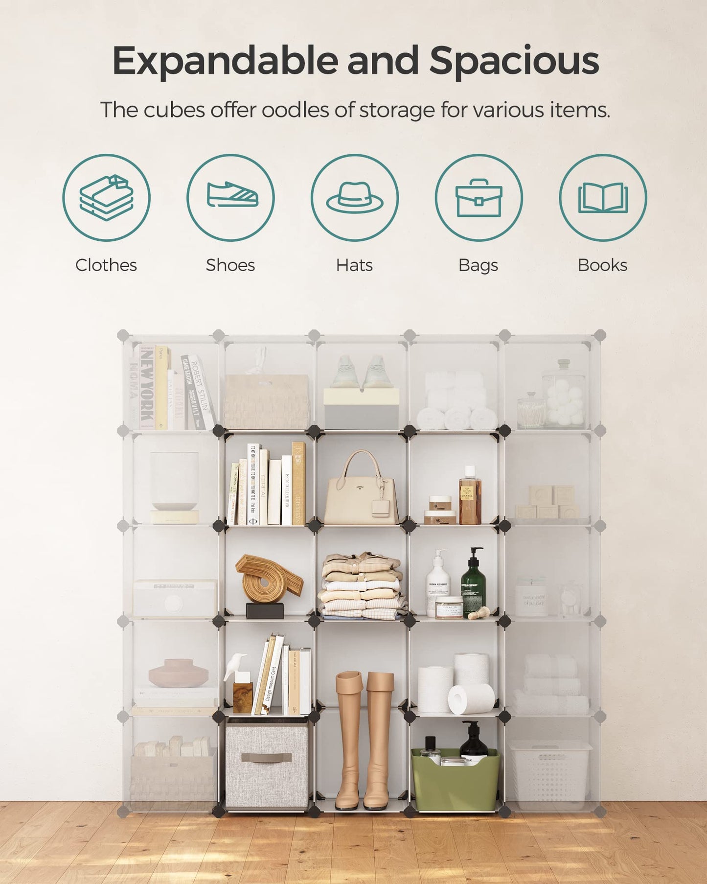 SONGMICS Cube Storage Organizer, Set of 16 Plastic Cubes, Closet Organizers and Storage, Room Organization, Bedroom Living Room, 12.2 x 48.4 x 48.4 Inches, Rustic Brown ULPC442A01