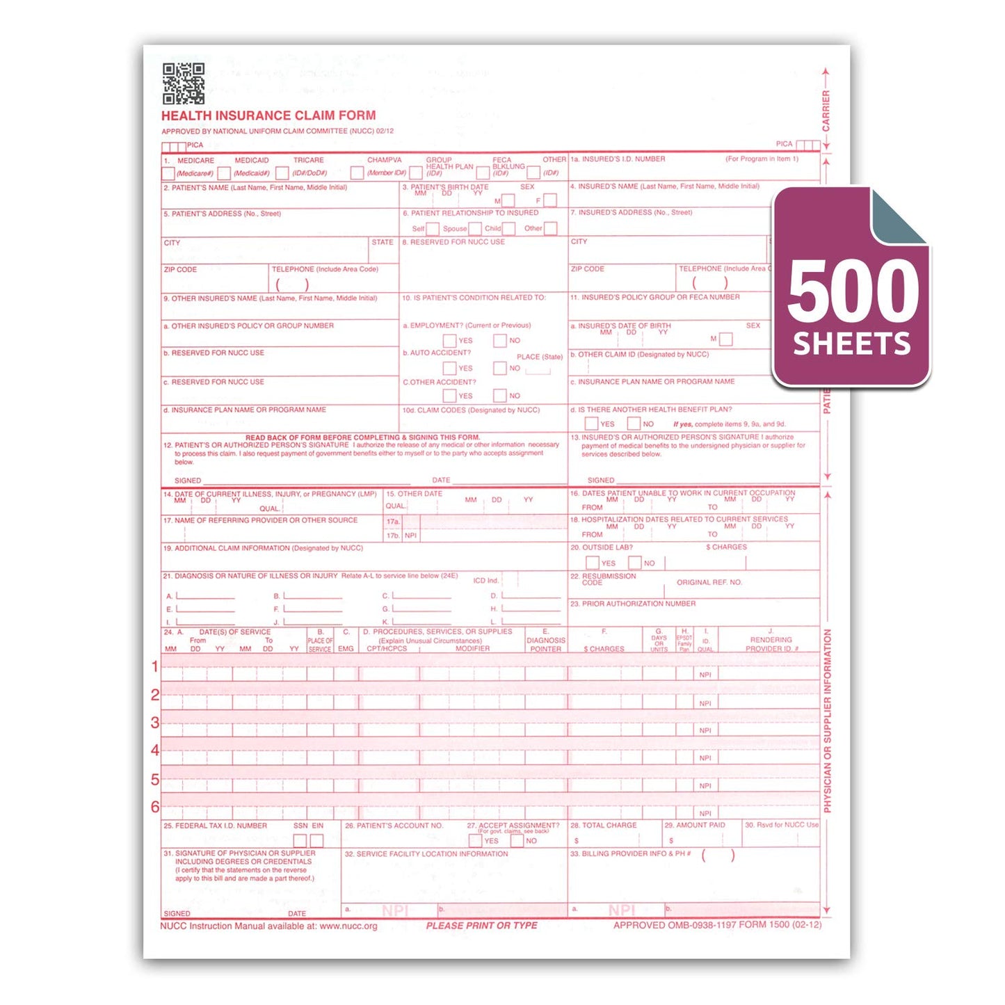 NextDayLabels - CMS 1500 / HCFA 1500 Insurance Claim Forms - Laser/Ink-Jet Compatible (New Version 02/12) Letter Size 8-12" x 11", 1000 Sheets Per Pack
