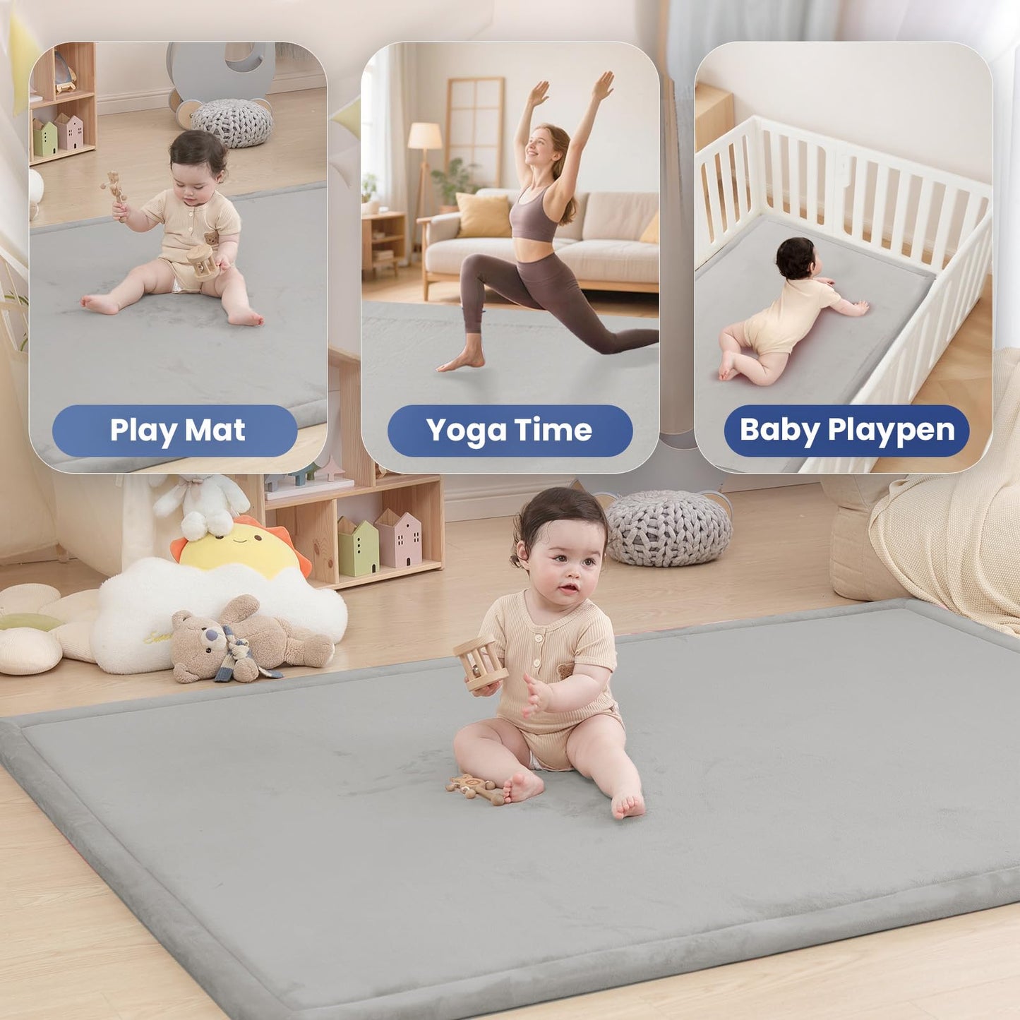 Huloo Sleep Ultra Soft Baby Spielmatte für den Boden, 3,3 cm dicke Elasti-Foam 127x127 cm Laufgittermatte für Kleinkinder, rutschfeste Rückseite, sicher zum Krabbeln und für die Bauchlage, Tatami-Stil (Dunkelgrau)