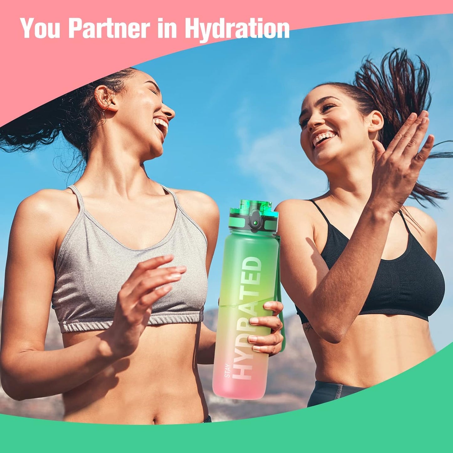 Sahara Sailor Trinkflasche, 950ml Motivations-Sportflasche mit Zeitmarkierung – Trinkzeiten – Tritan, BPA-frei, weite Öffnung auslaufsicher, Fast-Flow-Technologie mit Reinigungsbürste (1 Flasche)