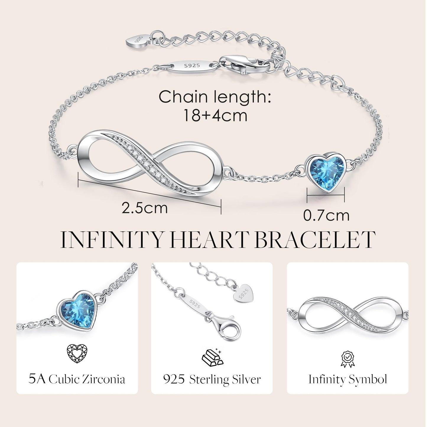 CDE Valentinstagsgeschenk Infinity Herz Geburtsstein Charm Gliederarmband für Damen 925 Sterling Silber Verstellbares Muttertags- Weihnachtsgeschenk Jubiläums- Geburtstags-Schmuck für Ehefrau Freundin Sie