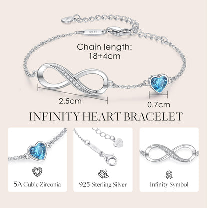 CDE Valentinstagsgeschenk Infinity Herz Geburtsstein Charm Gliederarmband für Damen 925 Sterling Silber Verstellbares Muttertags- Weihnachtsgeschenk Jubiläums- Geburtstags-Schmuck für Ehefrau Freundin Sie