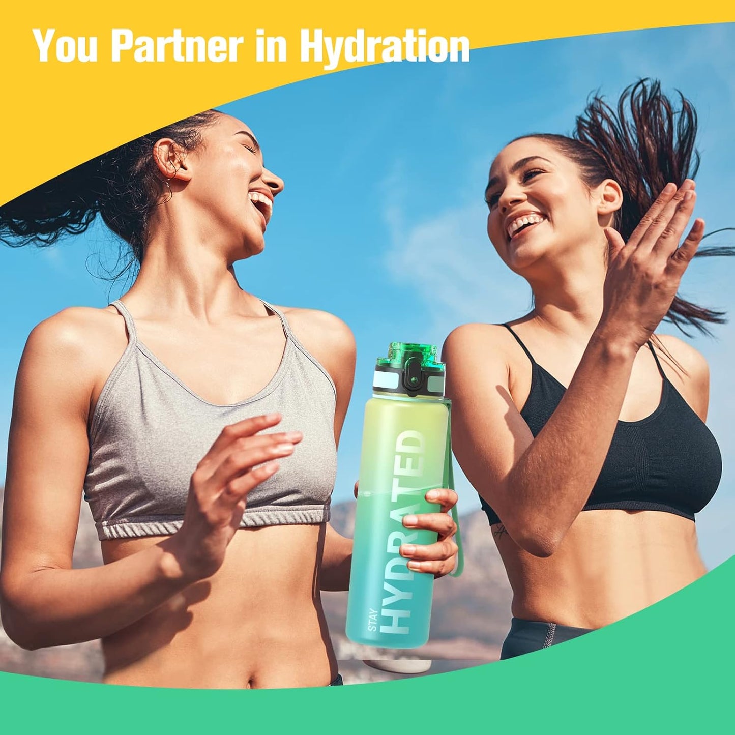 Sahara Sailor Trinkflasche, 950ml Motivations-Sportflasche mit Zeitmarkierung – Trinkzeiten – Tritan, BPA-frei, weite Öffnung auslaufsicher, Fast-Flow-Technologie mit Reinigungsbürste (1 Flasche)